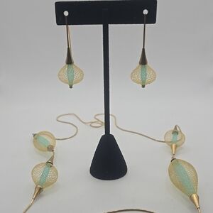 French Handmade Two Tone Nylon Long Necklace and Earring Jewelry Set